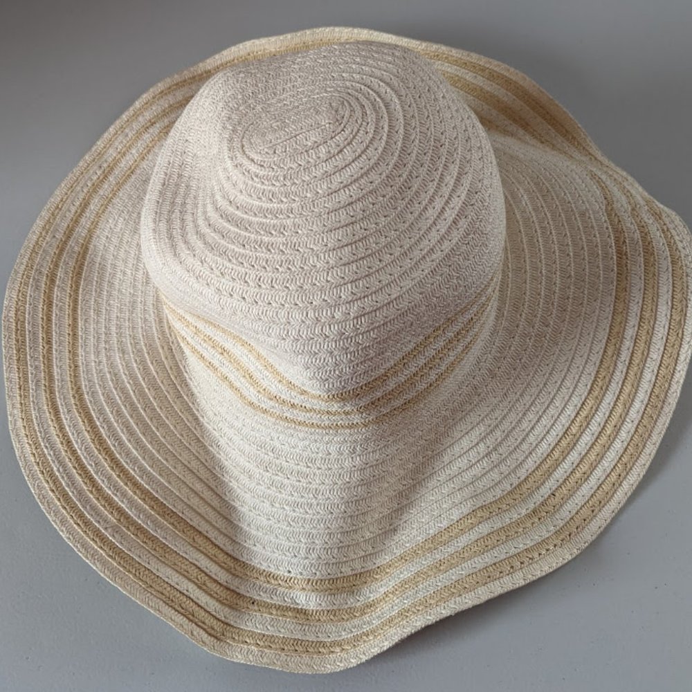 Floppy beach hat, cream with tan stripes
